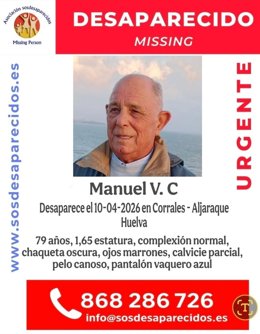 Imagen de Manuel Valle Carrasco, un varón de 79 años residente en Corrales (Huelva), que lleva desaparecido desde el viernes.