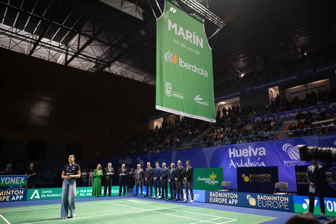 Imágenes del homenaje realizado a la deportista onubense Carolina Marín, tras anunciar su retiro del bádminton. El homenaje ha tenido lugar en la previa a la celebración de la final del Campeonato Europeo de Bádminton en el Palacio de Deportes Carolina Ma