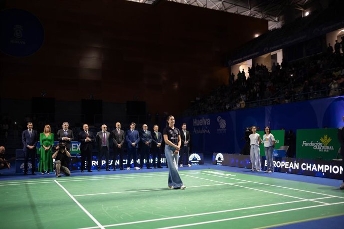 Imágenes del homenaje realizado a la deportista onubense Carolina Marín, tras anunciar su retiro del bádminton. El homenaje ha tenido lugar en la previa a la celebración de la final del Campeonato Europeo de Bádminton en el Palacio de Deportes Carolina Ma