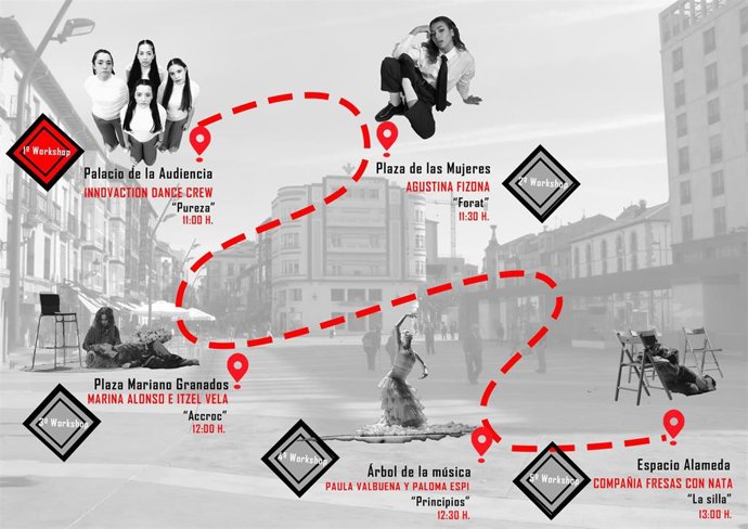 Mapa del itinerario de la iniciativa 'PASOS: la calle es el escenario', donde se detallan las cinco localizaciones y horarios de las piezas de danza contemporánea.