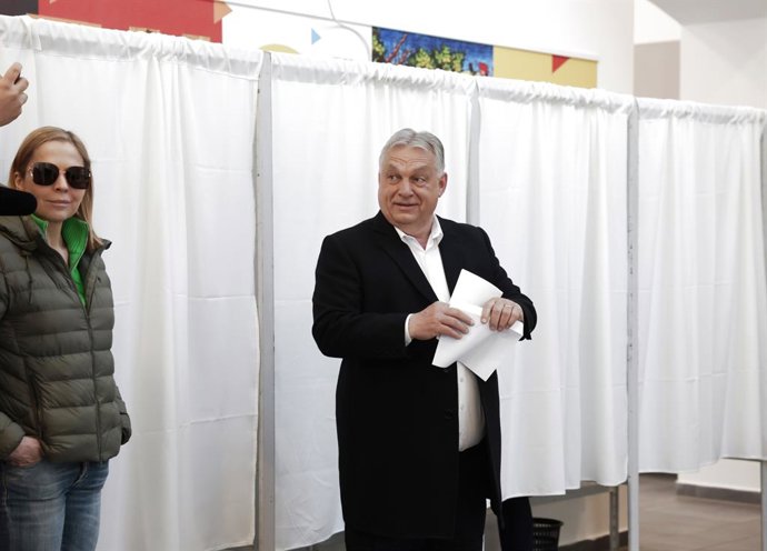 BUDAPEST, April 12, 2026  -- Hungarian Prime Minister Viktor Orban is pictured at a polling station in Budapest, Hungary, April 12, 2026. Hungary's parliamentary elections kicked off at 6:00 a.m. local time (0400 GMT) on Sunday, with about 8.1 million eli