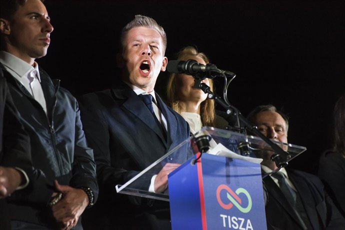 April 13, 2026, Budapest, Hungary: Peter Magyar gives a speech to a crowd of supporters during the TISZA party's election night event in Budapest. April 12, 2026, marked the most significant political transformation in Hungary in decades. The election nig