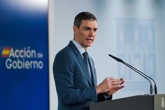 March 20, 2026, Madrid, Spain: Spain's Prime Minister, Pedro Sánchez, speaks during a press conference following the extraordinary Council of Ministers at Moncloa Palace. Spanish Prime Minister Pedro Sánchez has announced an urgent relief package in respo