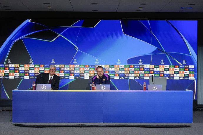 Hansi Flick attends his press conference during the training day of FC Barcelona ahead the UEFA Champions League 2025/26 Quarter-Final Second Leg match against Atletico de Madrid at Riyadh Air Metropolitano on April 13, 2026, in Madrid, Spain.