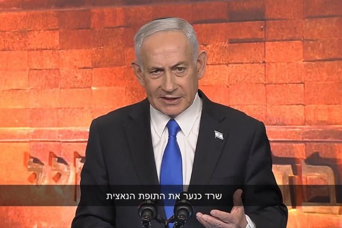 El primer ministro israelí, Benjamin Netanyahu, durante un acto del Día de Recuerdo del Holocausto ante el Muro de las Lamentaciones de Jerusalén