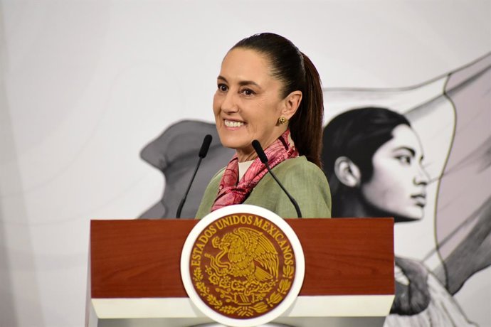 Mexico's President Claudia Sheinbaum Pardo speaks  during a news conference about  the social benefits of the Social World Cup ahead the 2026 FIFA World Cup, at the National Palace. on April 10, 2026 in Mexico City, Mexico.