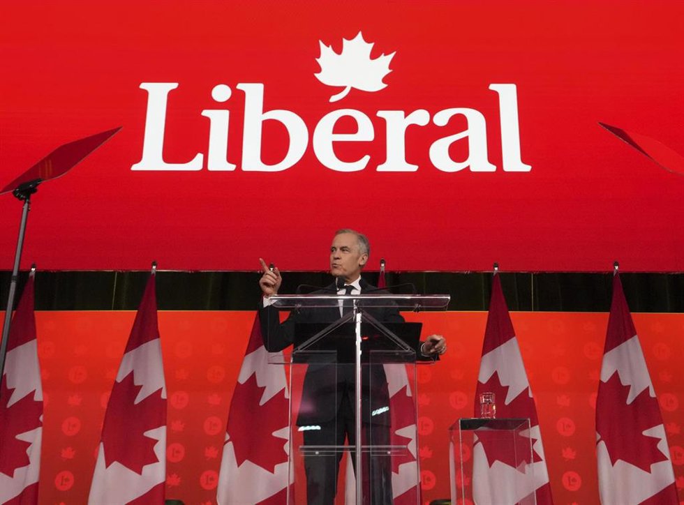 El primer ministro canadiense, Mark Carney, durante un mitin de su partido. 