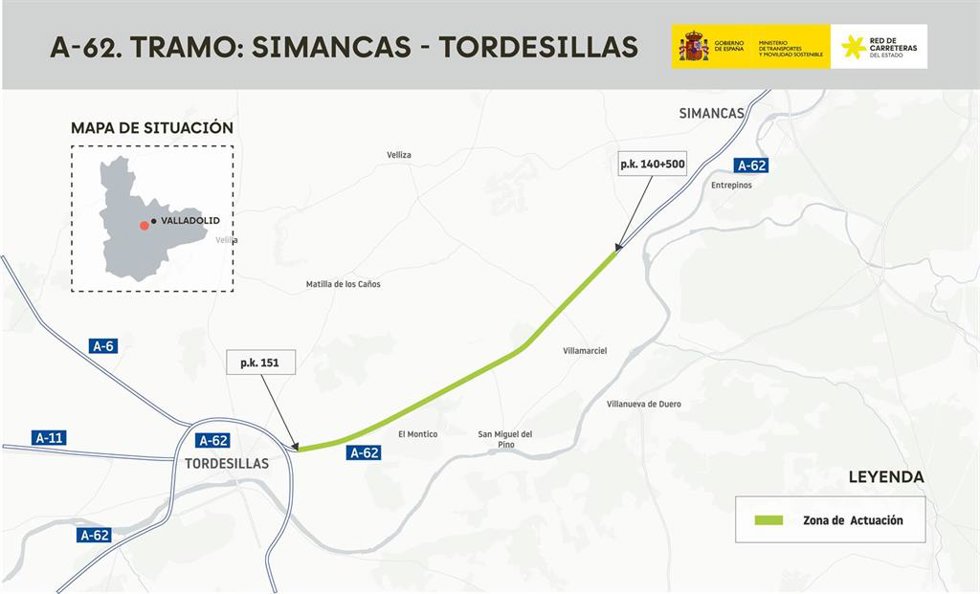 Transportes aprueba la ampliación a tres carriles de la A-62 entre Simancas y Tordesillas por 125,5 millones.