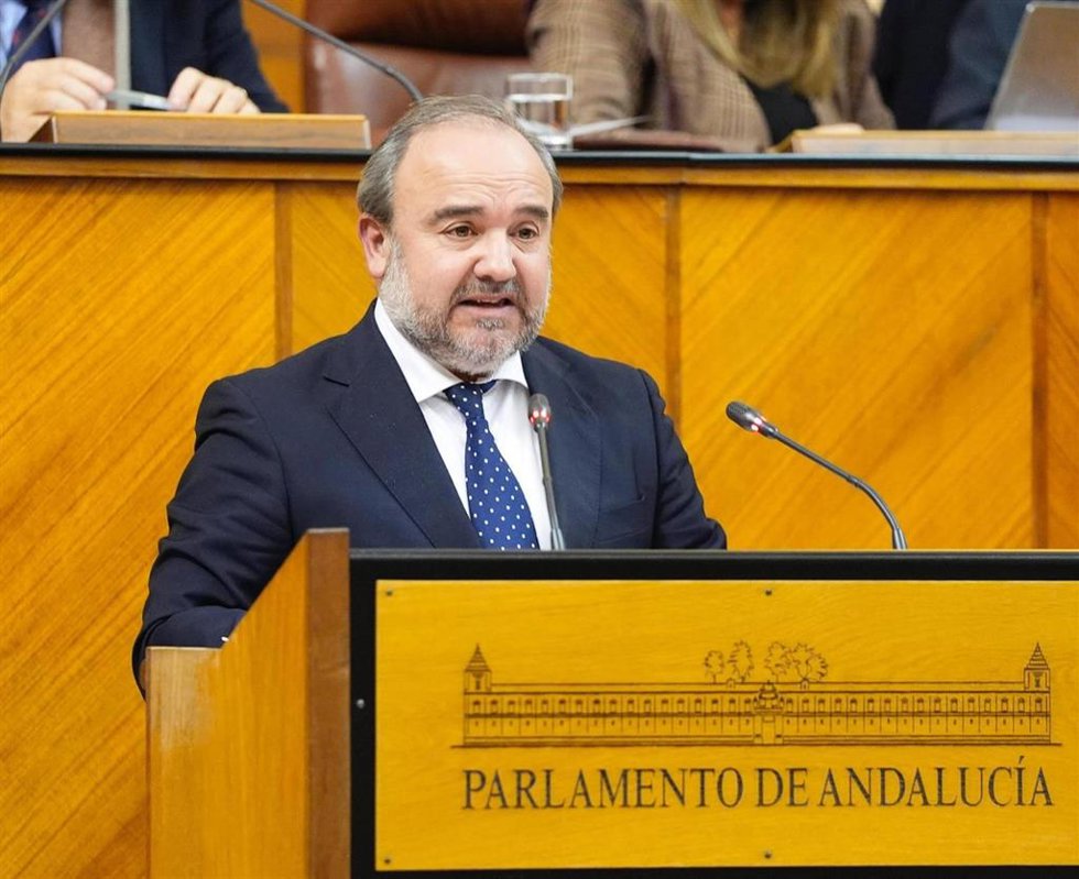 El vicesecretario de Agricultura, Ganadería y Agua del PP de Sevilla, Alberto Sanromán, interviene en el Parlamento, en foto de archivo.