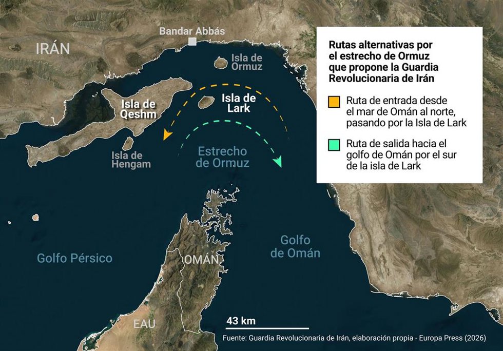 Mapa con las rutas alternativas propuestas por Irán en el estrecho de Ormuz. 