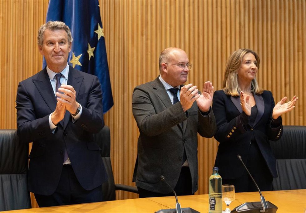 (I-D) El presidente del Partido Popular, Alberto Núñez Feijóo; el secretario general del PP, Miguel Tellado; y la portavoz del PP en el Senado, Alicia García; durante la reunión plenaria de los Grupos Parlamentarios del Partido Popular del Congreso y del
