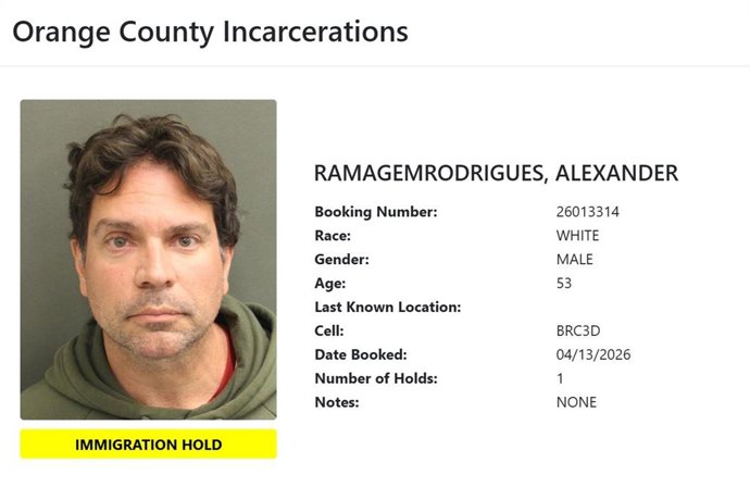 Ficha de detención del Departamento de Correcciones de Orange Count, en Florida, del exdirector de la Agencia Brasileña de Inteligencia (ABIN) Alexandre Ramagem