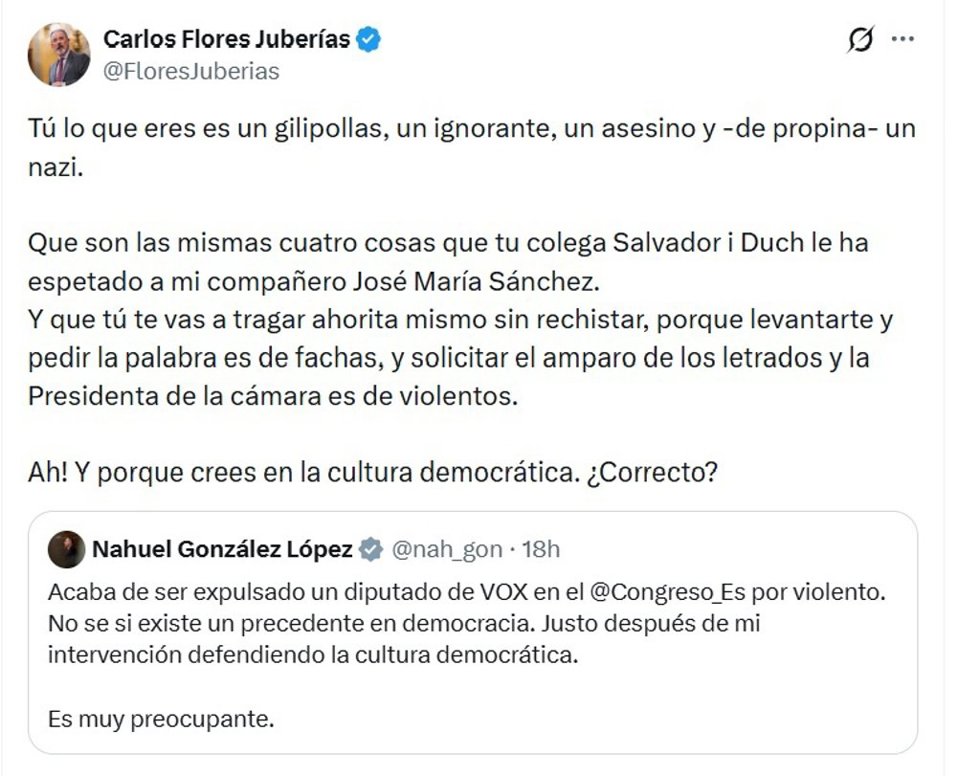 Mensaje del diputado Carlos Flores (Vox) llamando "gilipollas"  "nazi" a otro de Sumar