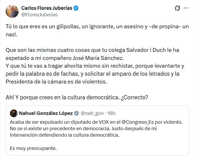 Missatge del diputat Carlos Flores (Vox) cridant "tocacollons"  "nazi" a un altre de Sumar