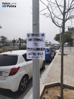 Uno de los carteles colocados por el denunciado en el paseo Marítimo de Palma.