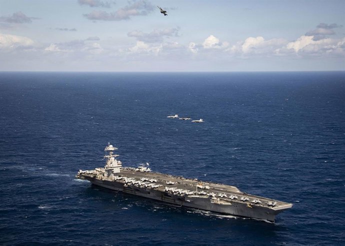 2 de abril de 2026, USS Gerald R. Ford, águas internacionais: O porta-aviões da classe Ford, USS Gerald R. Ford, em operação de apoio à Operação Epic Fury, em 22 de março de 2025, no leste do Mar Mediterrâneo.