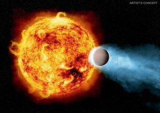 Ilustración de una joven estrella similar al Sol que erosiona parte de la atmósfera de un planeta en órbita.
