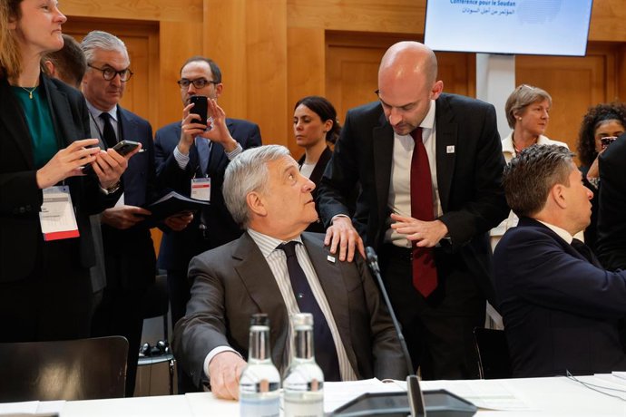 April 15, 2026, Berlin, GERMANY: Italy's Minister for Foreign Affairs Antonio Tajani (L) and France's Minister for Europe and Foreign Affairs Jean-Noel Barrot at Federal Foreign Office during the 3rd international conference on Sudan, in Berlin, Germany, 