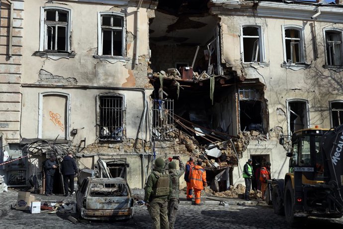March 19, 2026, Odessa, Ukraine: Aftermath of a drone strike on a residential building on Yevreyska Street. Odesa was attacked by Russian attack drones. As of 12:00 PM on March 19, 2026, four people were injured as a result of a drone strike on a resident