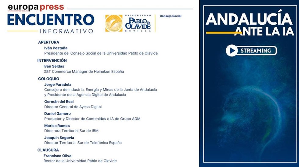 Cartel anunciador del encuentro informativo 'Andalucía ante la IA' organizado por Europa Press este viernes 17 de abril en Sevilla