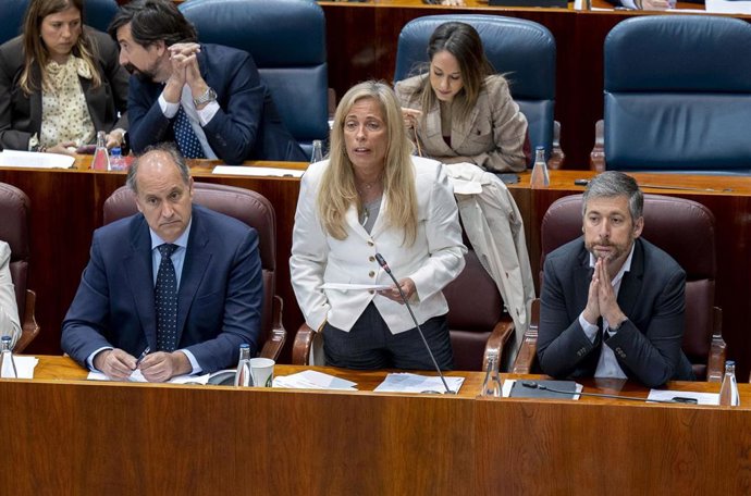 La consejera de Economía, Hacienda y Empleo de la Comunidad de Madrid, Rocío Albert (c), durante el Pleno de la Asamblea de Madrid, a 9 de abril de 2026, en Madrid (España). La Asamblea de Madrid aprueba hoy con la mayoría absoluta del PP y por lectura ún