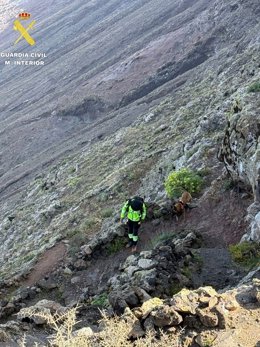 Un agente de la Guardia Civil durante el dispositivo de búsqueda del desaparecido en la zona de risco de Famara, en Lanzarote