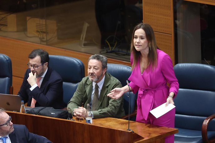La portavoz de Vox en la Asamblea de Madrid, Isabel Pérez Moñino (d), durante una sesión plenaria en la Asamblea de Madrid, a 16 de abril de 2026, en Madrid (España). La Asamblea de Madrid debate en torno al estado y calidad de la sanidad y educación madr
