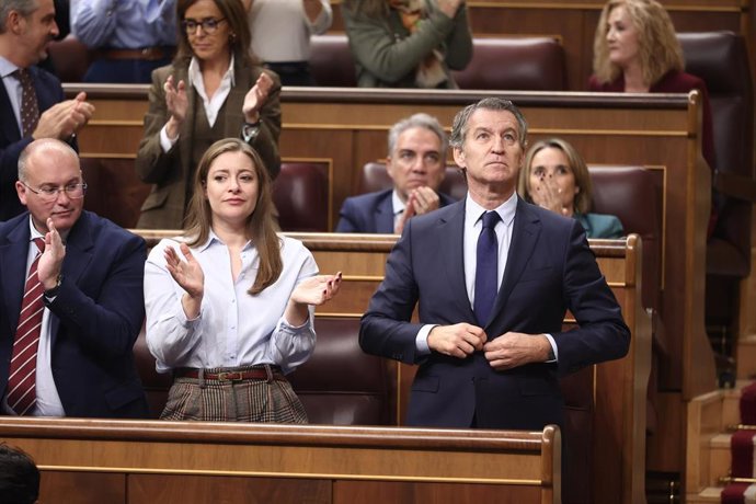 Archivo - El secretario general del PP, Miguel Tellado, la portavoz del PP en el Congreso, Ester Muñoz, y el presidente del PP, Alberto Núñez Feijóo, durante una sesión de control al Gobierno, en el Congreso de los Diputados, a 19 de noviembre de 2025, en