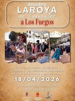 Cartel de la jornada cultural y turística 'Descubre Laroya: De Cervantes a los Fuegos 2026'.