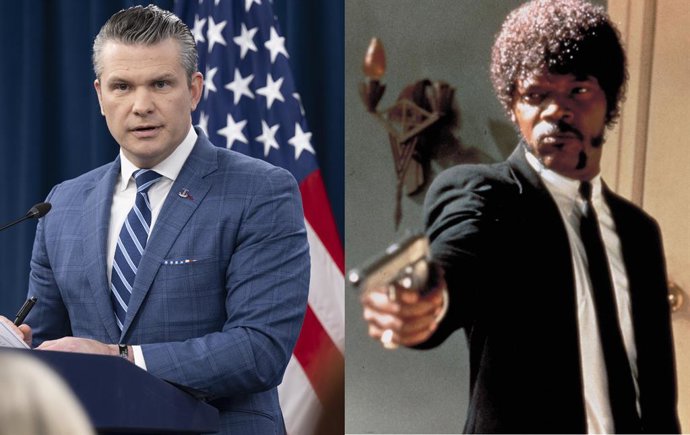 Archivo - Pete Hegseth reza en el Pentágono citando el versículo bíblico falso Ezequiel 25:17 de Pulp Fiction