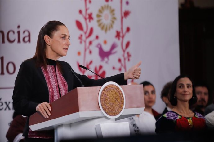 Mexico's President Claudia Sheinbaum Pardo speaks during a news conference about the feasibility study on fracking in Mexico,  at  National Palace. on April 15, 2026 in Mexico City, Mexico.