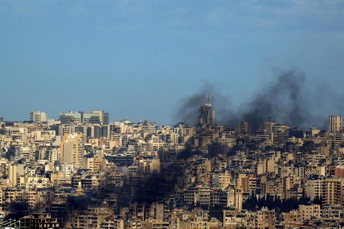 March 30, 2026, Beirut, Beirut, Lebanon: Smoke billows from Beirut southern suburb after an Israeli strike targeted an alleged pro-Iranian Hezbollah site. The UN peacekeeping mission in Lebanon (UNIFIL) said a peacekeeper was killed when a projectile expl