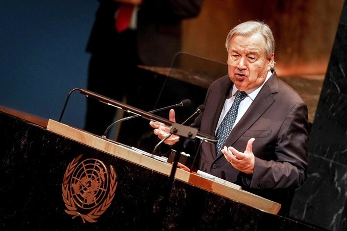 Archivo - El secretario general de Naciones Unidas, António Guterres, durante su discurso ante la Asamblea General de la ONU en septiembre de 2025 (archivo)