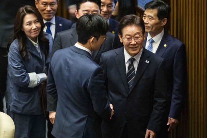 April 2, 2026, Seoul, South Korea: LEE JAE MYUNG, president of South Korea, meets lawmakers after addressing a session of the National Assembly during an administrative speech on Thursday, April 2, 2026 in Seoul, South Korea. The Lee government is asking 