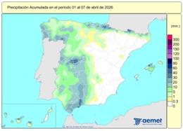 España registra 519 l/m2 de lluvias acumuladas desde el 1 de octubre, un 24% más de lo habitual.