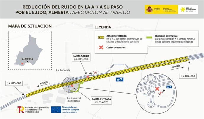 Mapa de situación de las afectaciones al tráfico en la A-7 a su paso por El Ejido (Almería) por las obras de reducción del ruido.