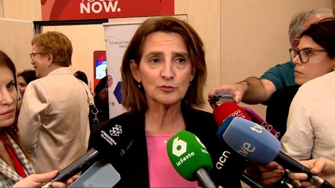 La vicepresidenta de la Comisión Europea para la Transición Ecológica, Teresa Ribera, en declaraciones a la prensa en el Global Progressive Mobilisation (GPM) en el recinto Gran Via de Fira de Barcelona, en L'Hospitalet de Llobregat (Barcelona).