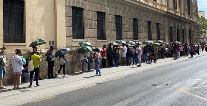 Archivo - Arquivo - Imagem de cidadãos na fila do cadastro eleitoral de Valência com guarda-chuvas verdes para se protegerem do sol.
