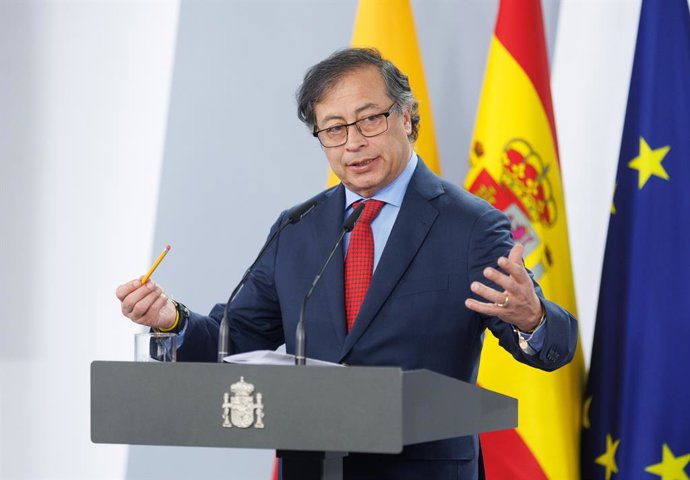 Archivo - El presidente de Colombia, Gustavo Petro, ofrece una rueda de prensa en el Palacio de la Moncloa, a 4 de mayo de 2023, en Madrid (España). El presidente del Gobierno ha mantenido un encuentro con Gustavo Petro y después, ha tenido lugar la firma