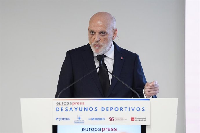 Archivo - Javier Tebas, President of LaLiga, during the Desayunos Deportivos Europa Press with Javier Tebas, President of LaLiga, at Camilo Jose Cela University on January 13, 2026, in Madrid, Spain.