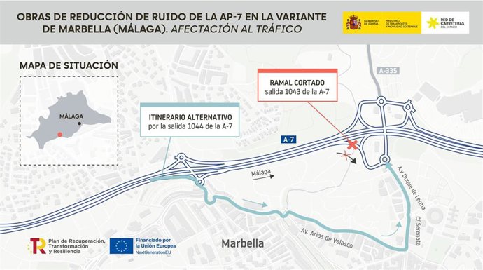 Mapa de las afectaciones al tráfico por las obras para reducir el ruido en la variante de Marbella de la AP-7
