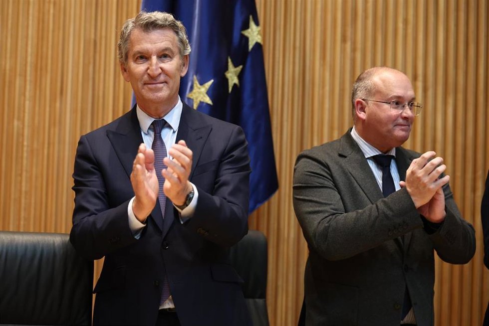 El presidente del Partido Popular, Alberto Núñez Feijóo (i), y el secretario general del PP, Miguel Tellado (d), durante la reunión plenaria de los Grupos Parlamentarios del Partido Popular del Congreso y del Senado, en el Congreso de los Diputados, a 14 