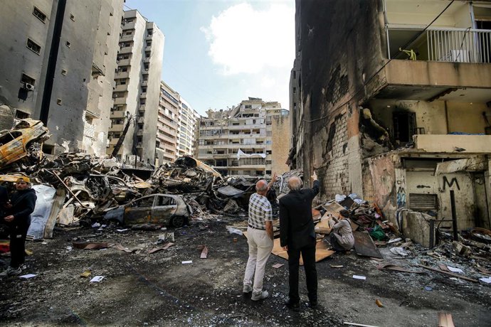 April 13, 2026, Beirut, Lebanon: Lebanese civilians gesture as they inspect destruction caused by a massive Israeli air strike in Beirut, 08 April. Lebanon marks the 51st anniversary of the civil war as the country has been dragged back into a state of tu