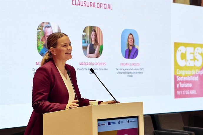 La presidenta del Govern, Marga Prohens, interviene en la clausura del Congreso de Ocupación, Sostenibilidad y Turismo en Mallorca.