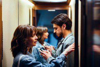 Archivo - Dos personas en un ascensor.