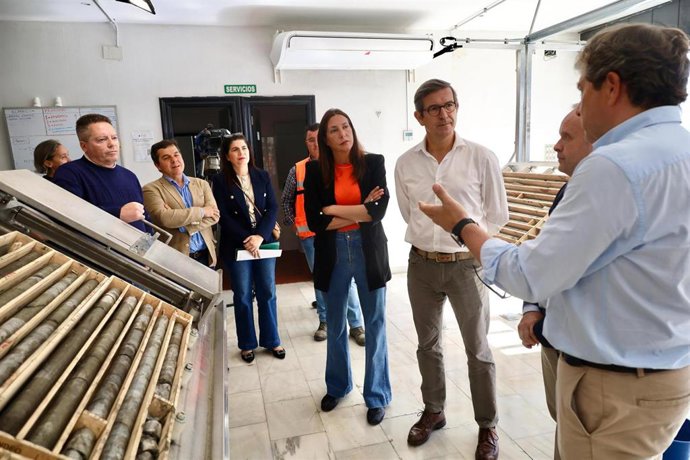 Los consejeros de Industria, Energía y Minas y de Inclusión Social, Juventud, Familias e Igualdad, Jorge Paradela y Loles López, respectivamente,  en Valverde del Camino (Huelva) con los responsables de Atalaya Mining.