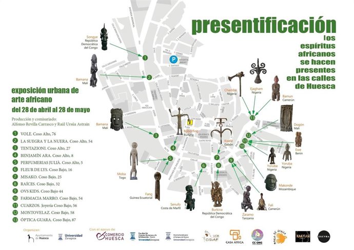 Mapa de Huesca con las localizaciones de la exposición 'Presentificación'