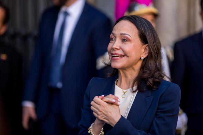 April 17, 2026, Madrid, Spain: Maria Corina Machado, Venezuelan opposition leader and Nobel Peace Prize laureate, before receiving the Golden Key of Madrid from Jose Luis Martinez-Almeida, Mayor of Madrid, during her visit to Spain.
