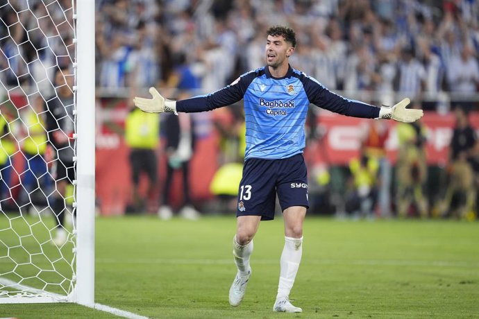 Unai Marrero of Real Sociedad reacts during the Spanish Cup, Copa del Rey, Final match played between Atletico de Madrid and Real Sociedad at La Cartuja stadium on April 18, 2026 in Sevilla, Spain.
