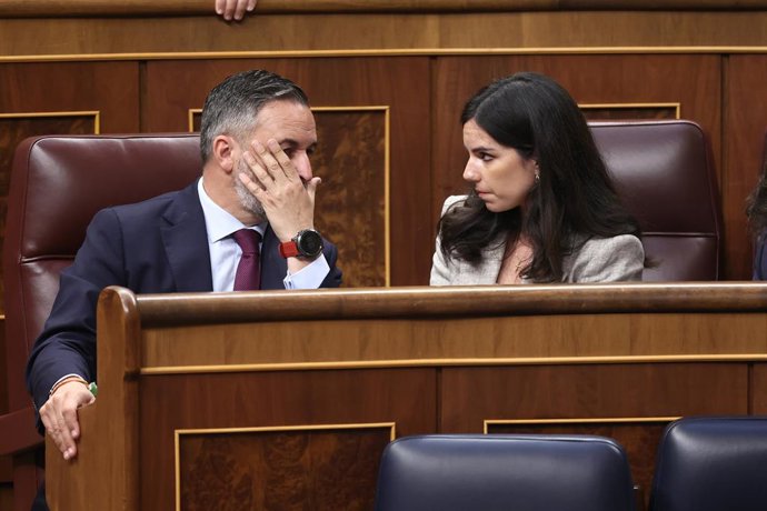 O presidente do Vox, Santiago Abascal, e a porta-voz do Vox no Congresso, Pepa Millán, durante uma sessão plenária no Congresso dos Deputados, em 15 de abril de 2026, em Madri (Espanha). Sessão plenária de fiscalização do governo com perguntas e interpela